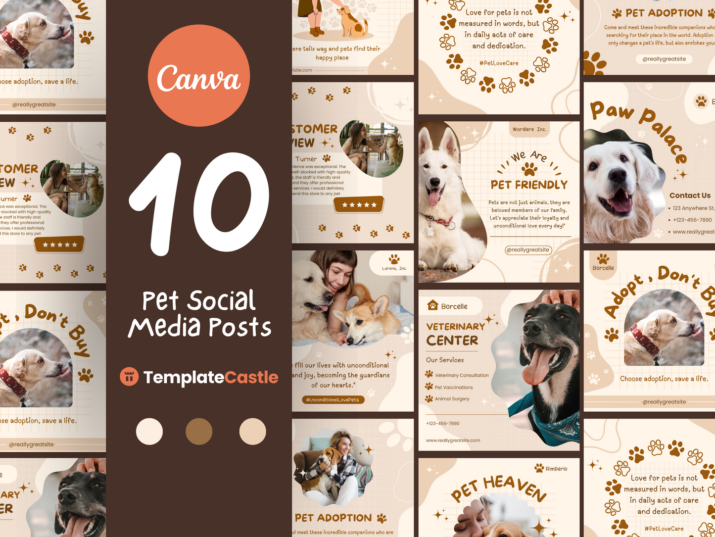 Pet Business Social Media Kit - 10 Editable Canva Post Templates for Pet Care And Adoption