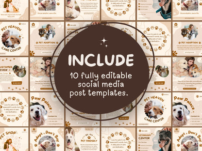 Pet Business Social Media Kit - 10 Editable Canva Post Templates for Pet Care And Adoption