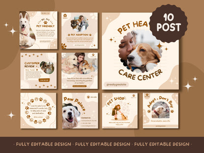 Pet Business Social Media Kit - 10 Editable Canva Post Templates for Pet Care And Adoption