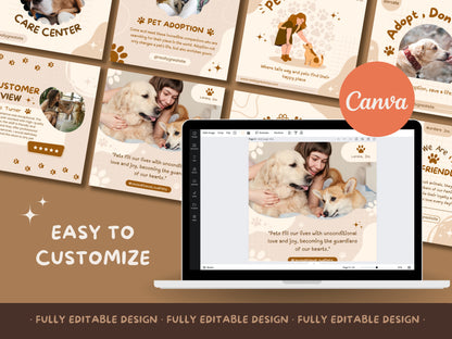 Pet Business Social Media Kit - 10 Editable Canva Post Templates for Pet Care And Adoption