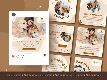 Pet Business Social Media Kit - 10 Editable Canva Post Templates for Pet Care And Adoption