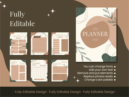 Botanical Elegance Fully Editable Planner Template Pack for Canva - Daily, Weekly, Monthly Layouts