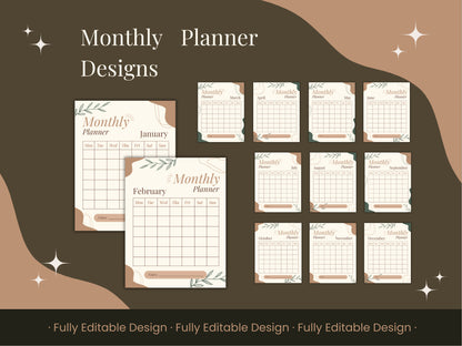 Botanical Elegance Fully Editable Planner Template Pack for Canva - Daily, Weekly, Monthly Layouts