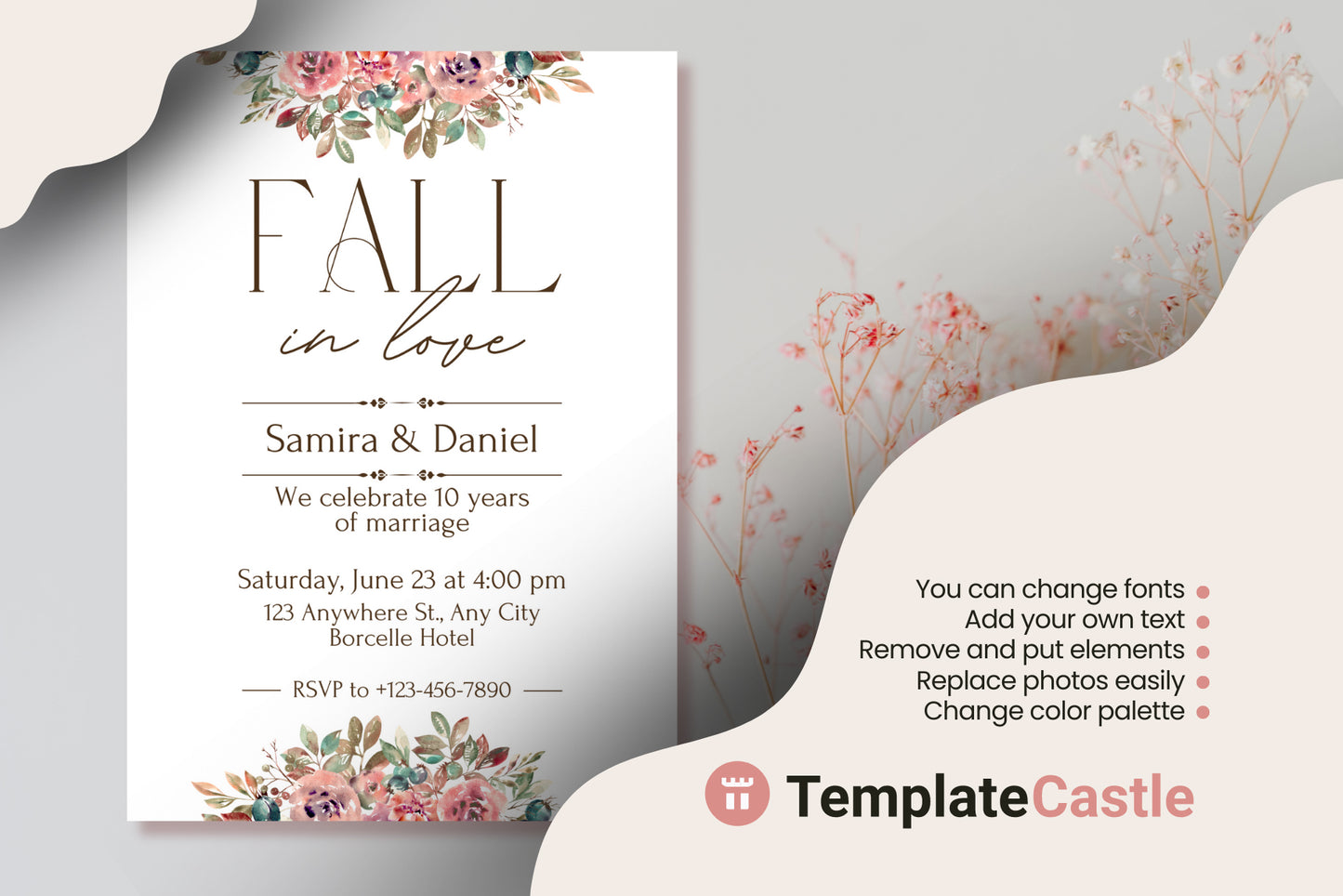 Renewing Vows  Canva Anniversary Invitation Template - Fall Floral Design, Customizable, Elegant