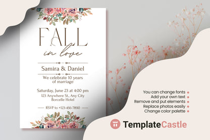 Renewing Vows  Canva Anniversary Invitation Template - Fall Floral Design, Customizable, Elegant