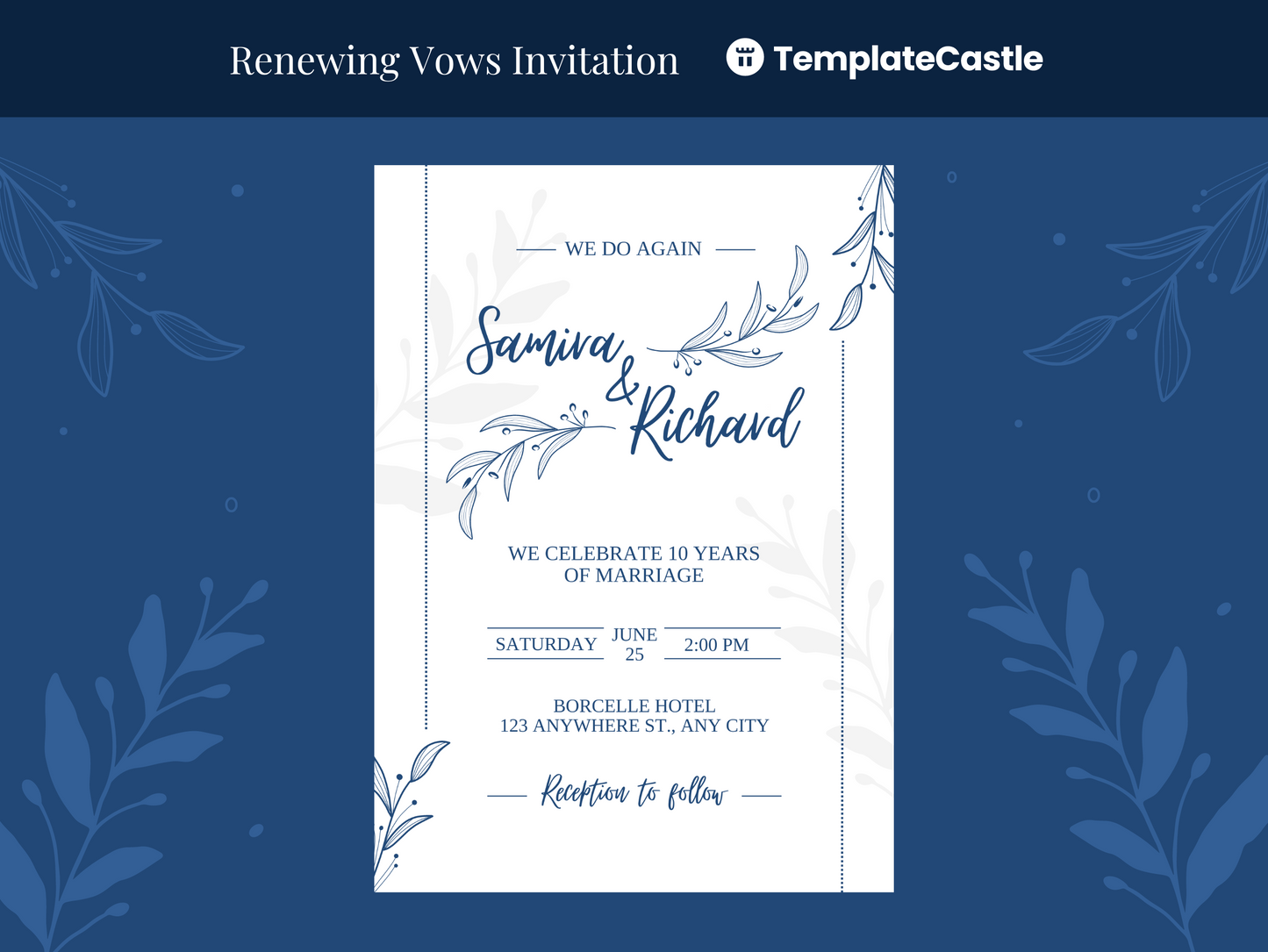 Elegant Blue Floral Anniversary Vow Renewal Canva Invitation Template - Customizable & Timeless