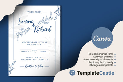 Elegant Blue Floral Anniversary Vow Renewal Canva Invitation Template - Customizable & Timeless