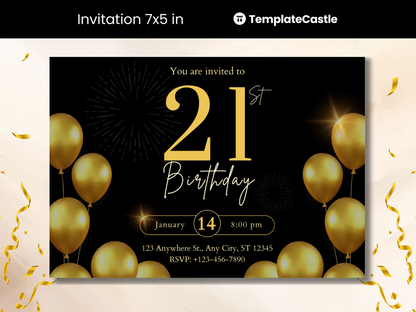 Golden Gala 21st Birthday Invitation Template - Black & Gold Elegance, Editable in Canva