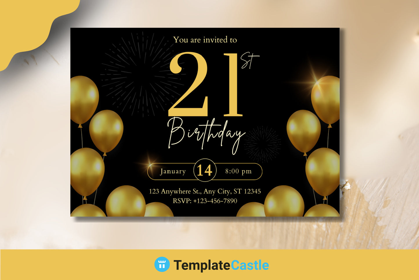 Golden Gala 21st Birthday Invitation Template - Black & Gold Elegance, Editable in Canva