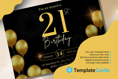 Golden Gala 21st Birthday Invitation Template - Black & Gold Elegance, Editable in Canva