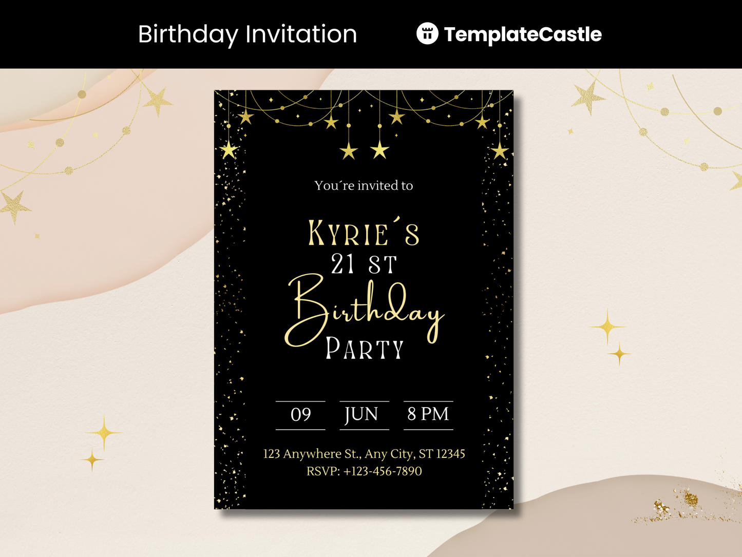 Starry Night 21st Birthday Invitation Template - Editable Canva Design with Golden Sparkles