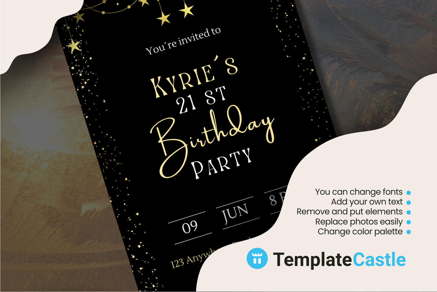 Starry Night 21st Birthday Invitation Template - Editable Canva Design with Golden Sparkles