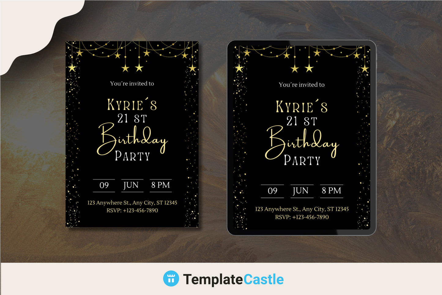 Starry Night 21st Birthday Invitation Template - Editable Canva Design with Golden Sparkles