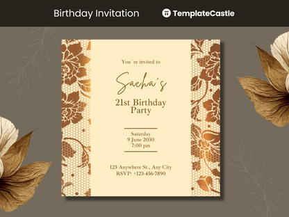 Elegant Lace Gold 21st Birthday Invitation Template - Chic & Customizable Canva Design