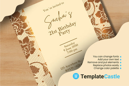 Elegant Lace Gold 21st Birthday Invitation Template - Chic & Customizable Canva Design