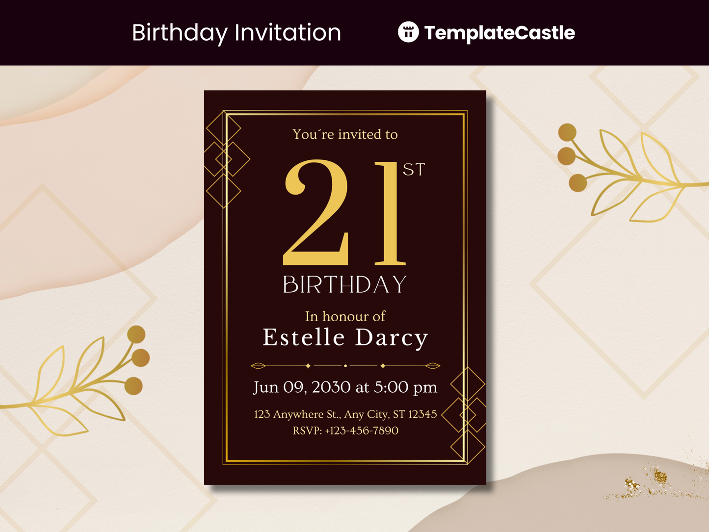 Elegant 21st Birthday Invitation Template - Maroon & Gold Canva Design"