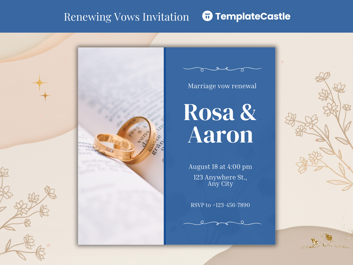 Elegant Blue Marriage Vow Renewal Invitation Template for Canva - Personalizable Ceremony Card