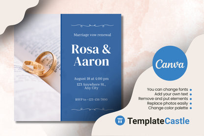 Elegant Blue Marriage Vow Renewal Invitation Template for Canva - Personalizable Ceremony Card