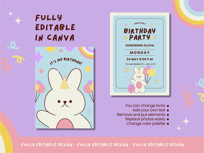 It's My Birthday - Bunny Birthday Celebration Canva Template - Customizable Party Invitation Design