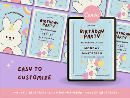 It's My Birthday - Bunny Birthday Celebration Canva Template - Customizable Party Invitation Design