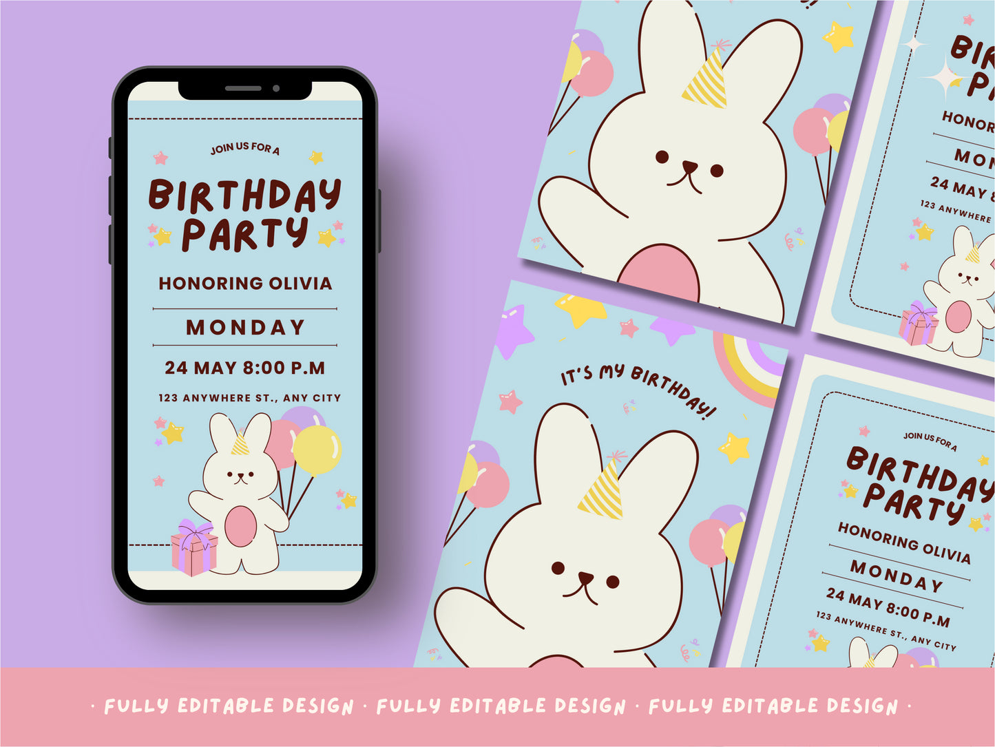 It's My Birthday - Bunny Birthday Celebration Canva Template - Customizable Party Invitation Design