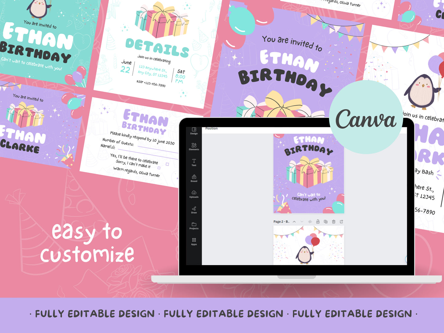 Birthday Children - Social Media Canva Invitation Collection - Editable and Shareable Design Set