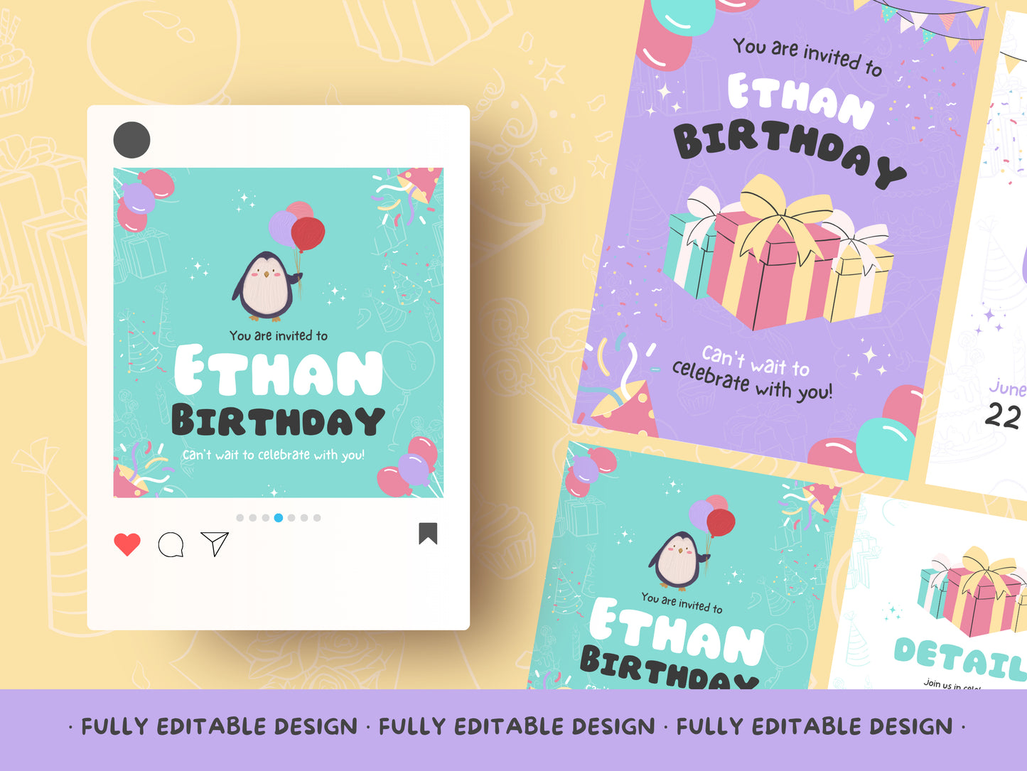 Birthday Children - Social Media Canva Invitation Collection - Editable and Shareable Design Set