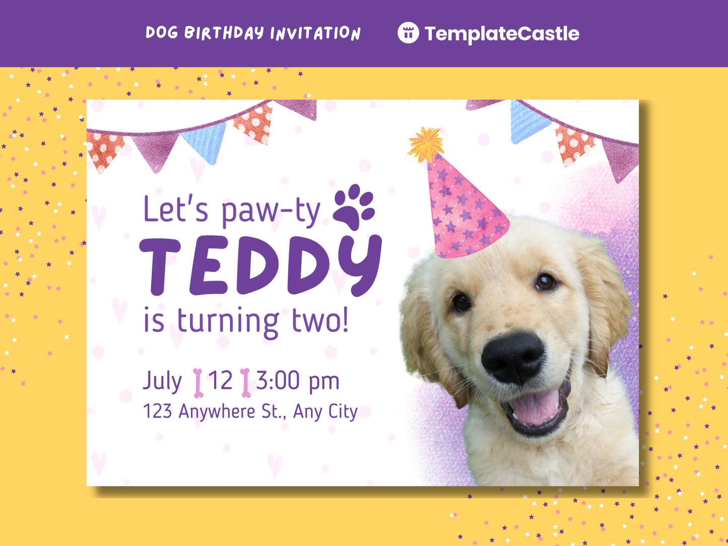 Let's Paw-ty - Pet Birthday Canva Invitation Template - Customizable & Cute Design for Teddy's Celebration