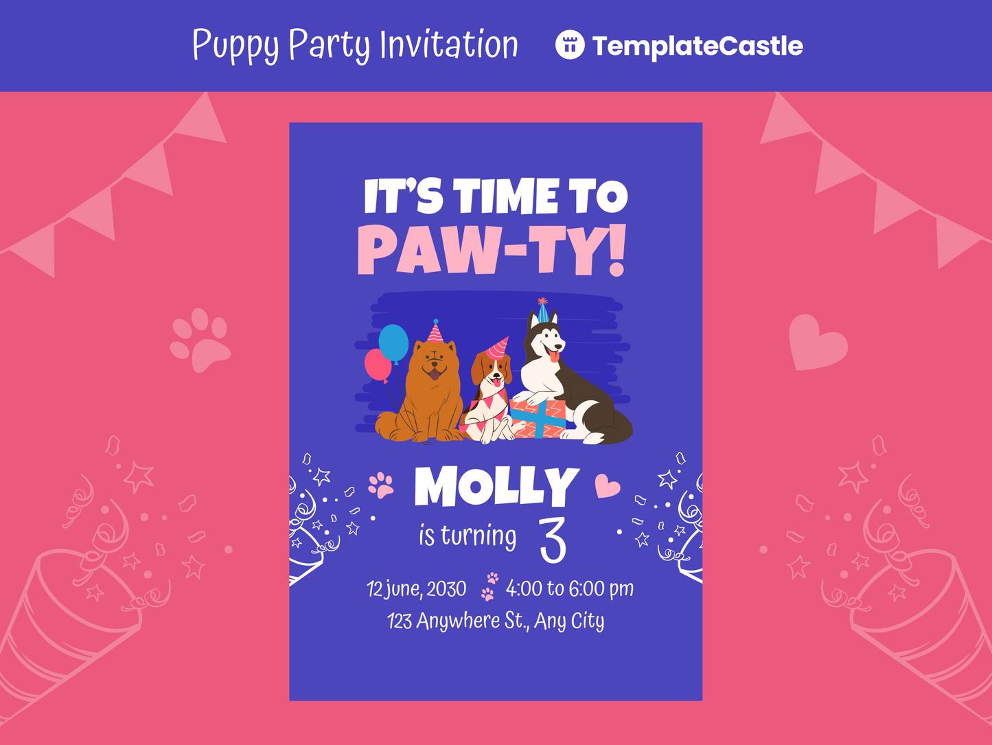 Puppy Party - 3rd Birthday Celebration Canva Invitation Template - Energetic and Editable Design