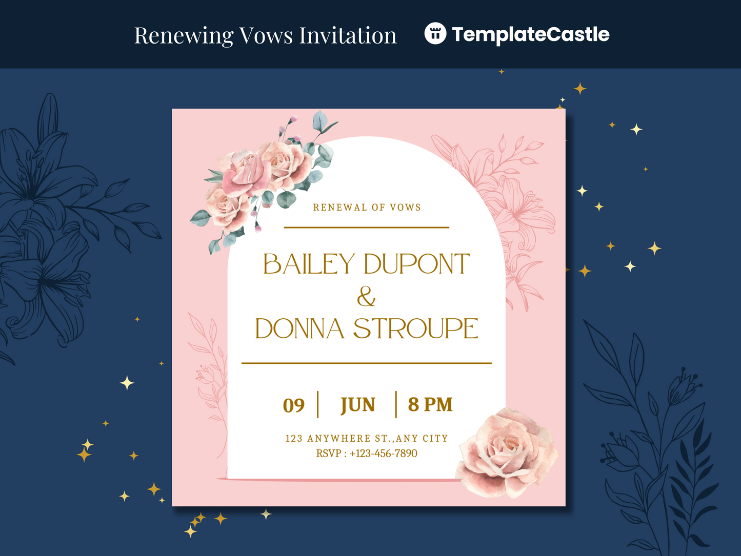 Blush Floral Renewing Vows Canva Invitation Template with Elegant Gold Accents