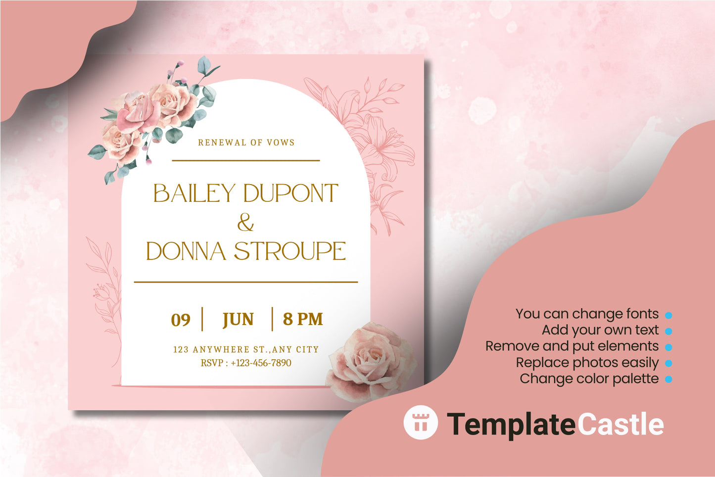 Blush Floral Renewing Vows Canva Invitation Template with Elegant Gold Accents