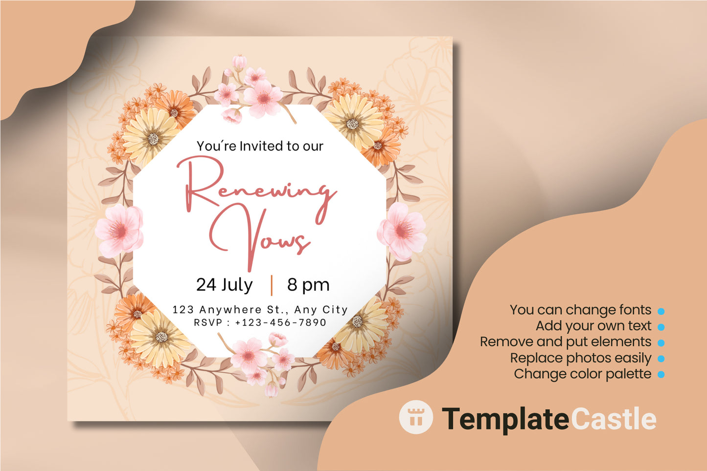 Elegant Warm Floral Renewing Vows Invitation Canva Template