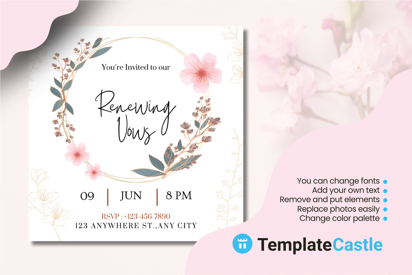 Pastel Floral Wreath Canva Template for Renewing Vows Invitation