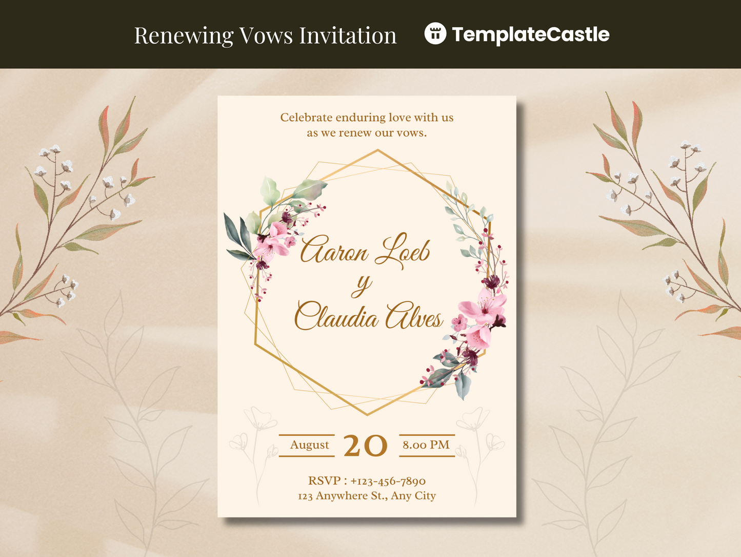 Sophisticated Floral Hexagon Canva Template for Renewing Vows Invitation