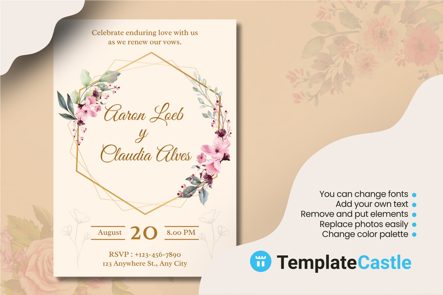 Sophisticated Floral Hexagon Canva Template for Renewing Vows Invitation