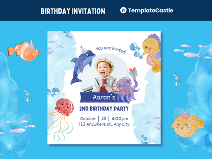 Ocean Adventure 2nd Birthday Party Canva Invitation Template