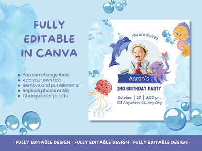 Ocean Adventure 2nd Birthday Party Canva Invitation Template