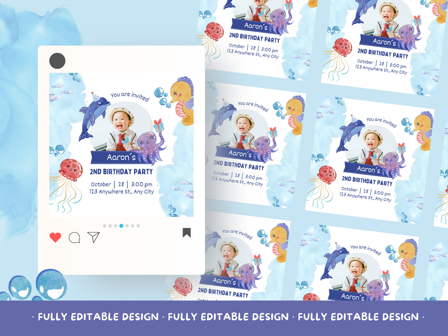 Ocean Adventure 2nd Birthday Party Canva Invitation Template