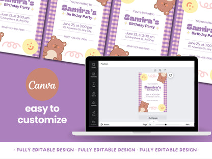 Adorable Bear Canva Birthday Party Invitation for Kids