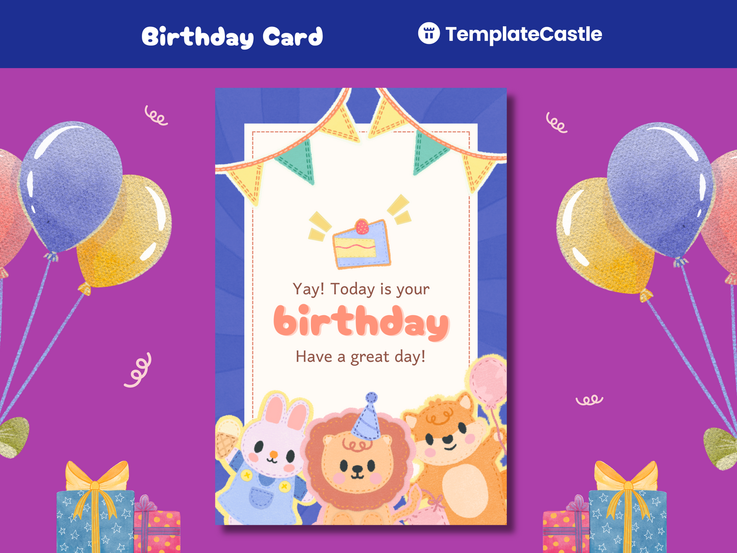 Cheerful Animal Friends Canva Birthday Card Template for Kids