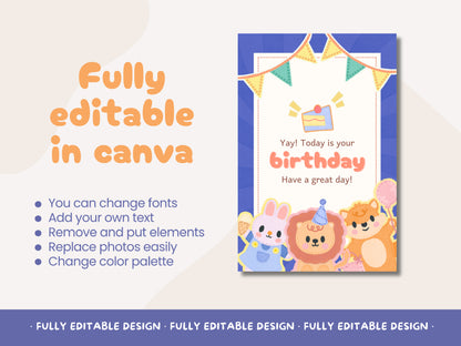 Cheerful Animal Friends Canva Birthday Card Template for Kids