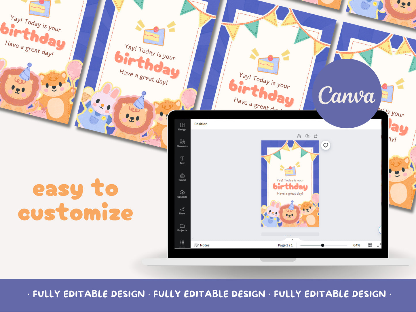 Cheerful Animal Friends Canva Birthday Card Template for Kids