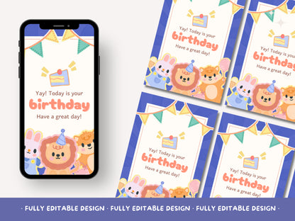 Cheerful Animal Friends Canva Birthday Card Template for Kids