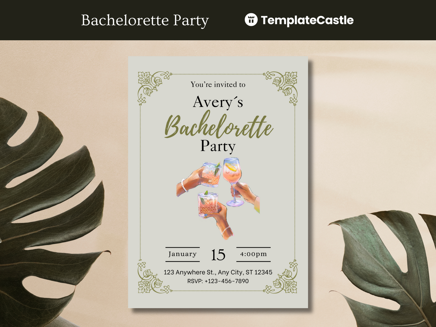 Classic Cocktail Elegance Bachelorette Party Canva Invitation Template