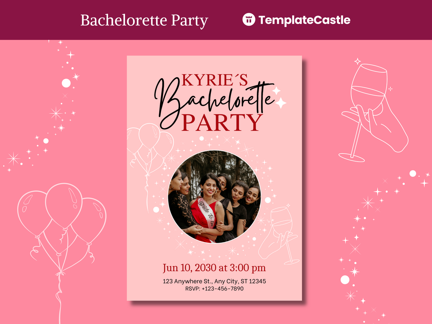 Pink Balloon Themed Bachelorette Party Canva Invitation Template