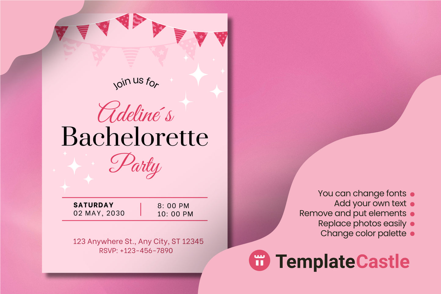 Sweet Pink Festive Bachelorette Party Canva Invitation Template