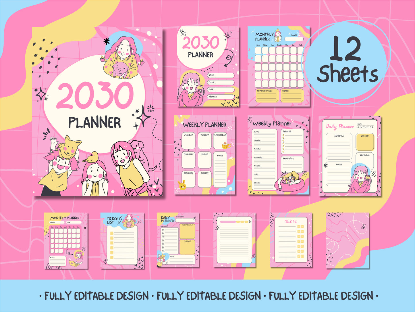 Whimsical Characters Planner Canva Template Pack - 12 Sheets