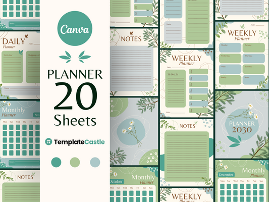 20 Botanical Planner Canva Template Set - 20 Elegant Sheets