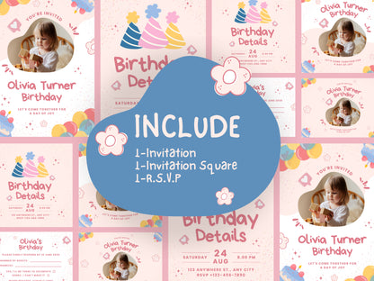 Playful Party Hats Children's Birthday Canva Invitation Template