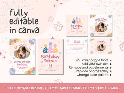 Playful Party Hats Children's Birthday Canva Invitation Template